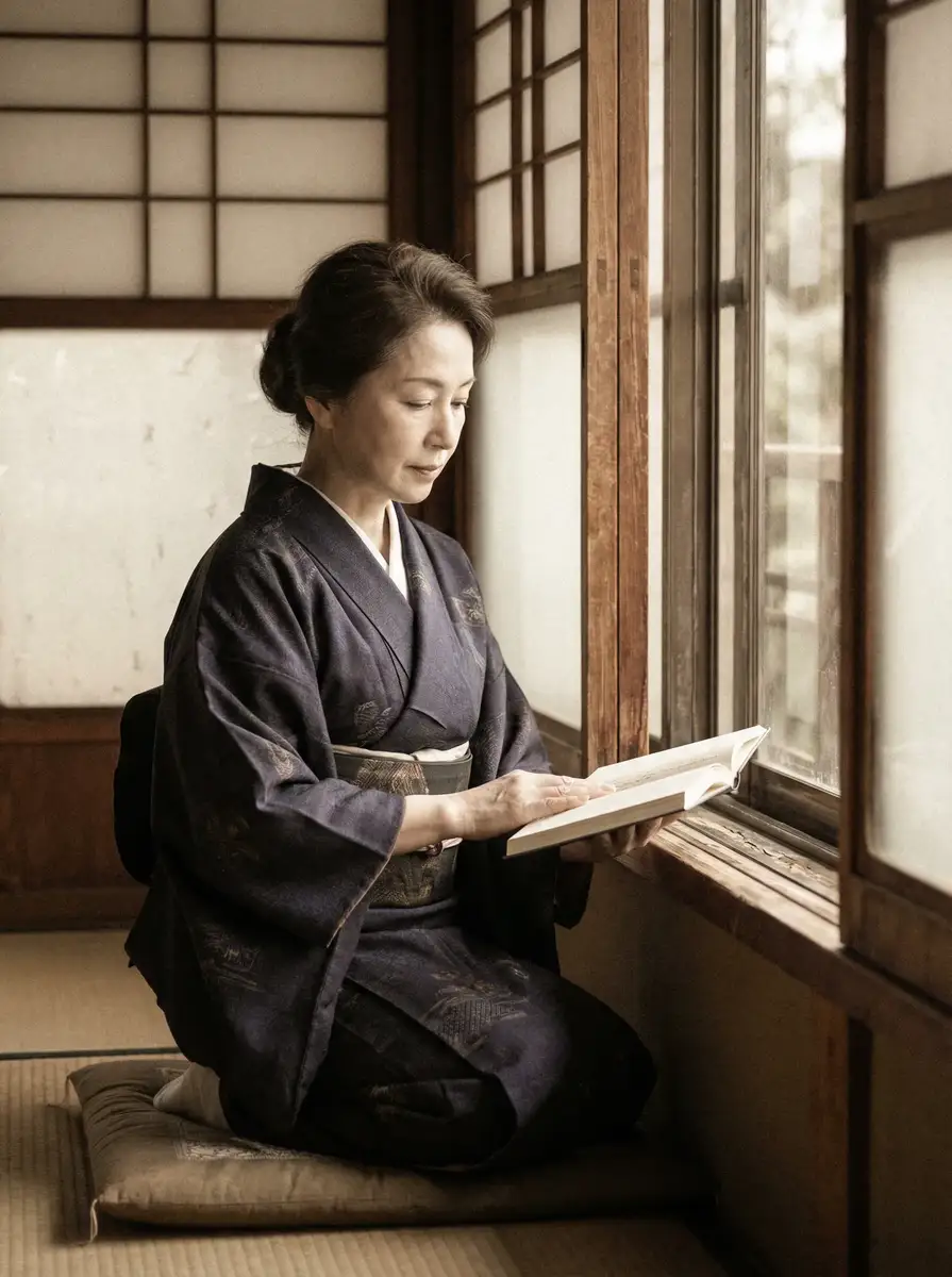 一位优雅的五十岁 小梅惠奈 身穿深蓝色和服，在窗边静读