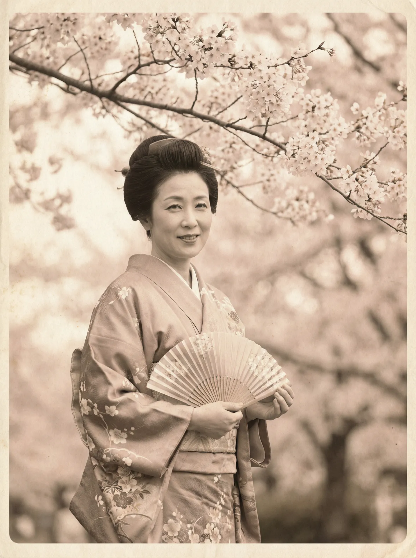 一位持扇的优雅 小梅惠奈 在樱花树下的复古写真
